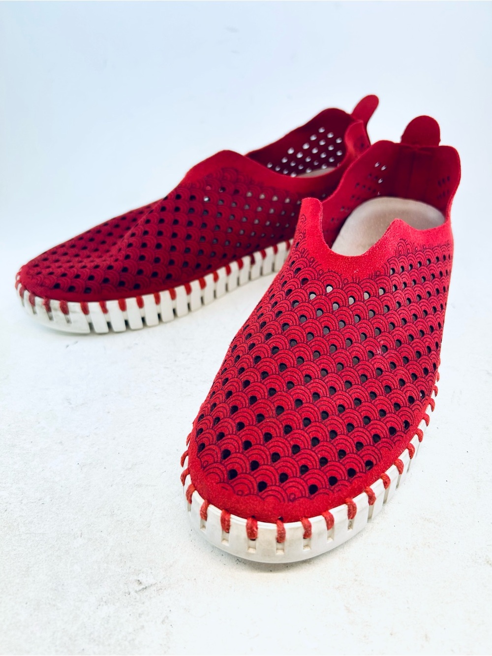 Ilse Jacobsen Red Tulip 139 Perforated Scalloped Slip-On Sneaker, size 37 7